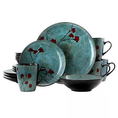Buy Round Stoneware Floral Dinnerware Dish Set, 16 Piece, Blue With Red Accents • 67.28£