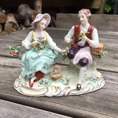 Buy Old Vintage Dresden Sitzendorf Seated Floral Courting Couple - Bird & Birdcage • 75£