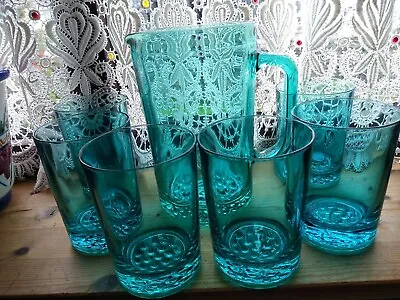 Buy Vintage Turquoise Glass Table Jug + 6 Matching  Glasses  • 21.99£