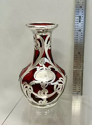 Buy 3.5” Tall Art Nouveau Cranberry Vase With La Pierre Sterling Silver Overlay • 355.32£