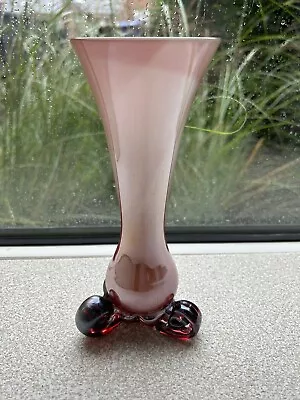 Buy Pretty VTG Pink  Art Glass Vase W/ Cranberry Scroll Feet • 11.25£