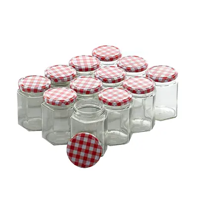 Buy New Jam Jars 250ml Wide Mouth Glass Preserve Pots Gingham Red Lids Modern Zeno • 12.95£