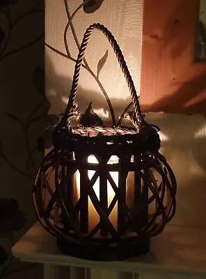 Buy Large Woven Wicker Lantern Candleholder Rustic Style Glass Inner Rope Handle • 14£