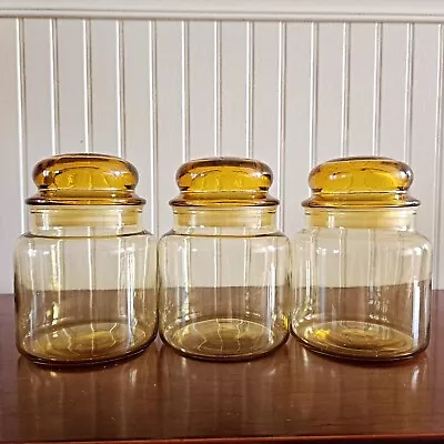 Buy Vintage Anchor Hocking Amber Glass Jar Canister With Dome Lid Set Of 3 • 32.26£