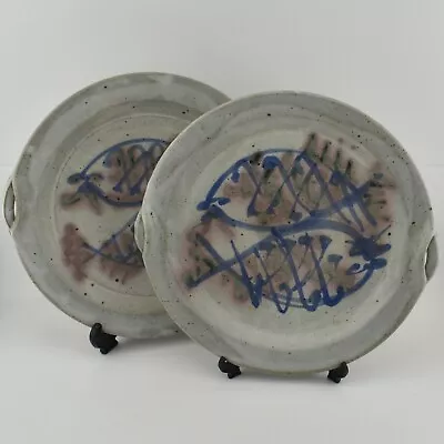 Buy 2x Vintage Large Studio Pottery Fish Platters Pair Handles Stoneware Plates • 49.99£
