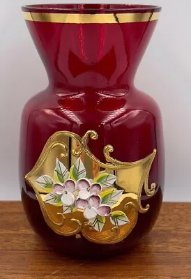 Buy Czech VASE Ruby Red Glass  Heavy Gold Gilding Hand Painted 4”x 3” Mom Gift TM* • 27.55£