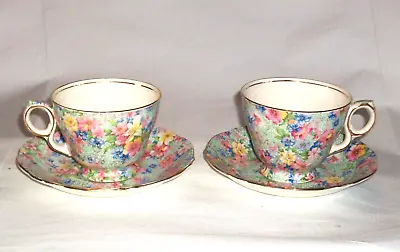 Buy Royal Winton  Grimwades Chintz Marion Vtg Pair Of Cups And Saucers Green/ Multi • 27.99£