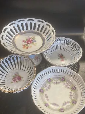 Buy Vintage Floral Painted Romanian German Ceramic Reticulated Oval Dishes Lot Of 4 • 20£