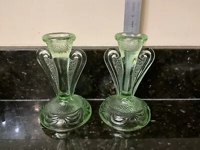 Buy Art Deco Pair Of Candlesticks  Bagley Rutland Green Glass  1930’s • 6£