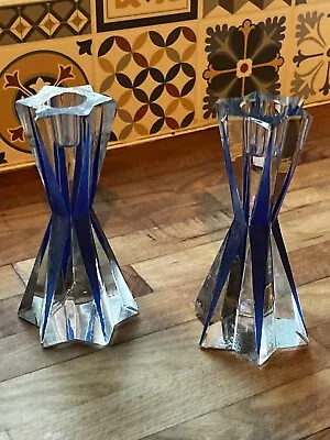 Buy Vintage Mid Century Style Blue Star Glass Candlesticks Pair Collectors Rare • 19.99£