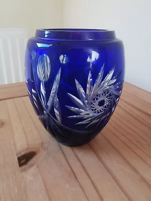 Buy Pretty Vintage Blue Cut Glass Vase With Clear Detailing  • 8£
