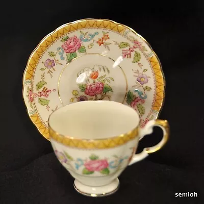 Buy Plant Tuscan Footed Demitasse Scalloped Cup Saucer Pink Blue W/Gold 1936-1940's • 30.67£