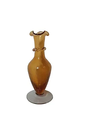 Buy Vintage Hand Blown Amber Yellow Crackle Glass Vase Rigaree Collar Pinched Ruffle • 43.16£