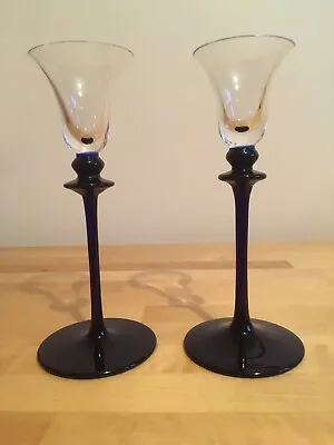 Buy Pair Of Midnight Blue Stem & Clear Bowl Fine Glass Candle Holders Candle Sticks • 4.99£
