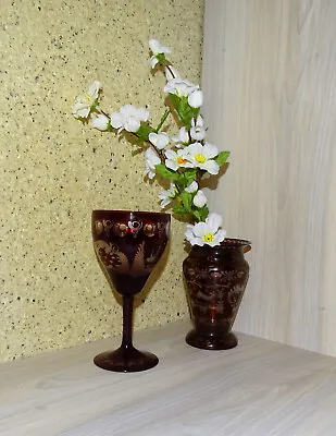 Buy Antique Bohemian Glass Wine Glass And Red Ruby Glass Vase • 84.44£