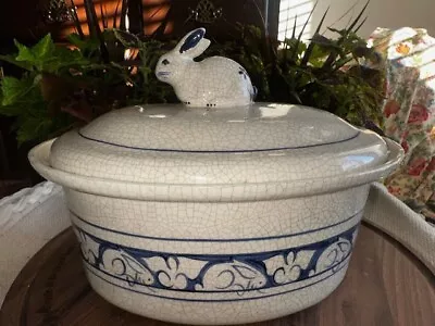 Buy Dedham Pottery Potting Shed Vintage Crackle Bunny Covered Casserole Dish Oval • 40.54£
