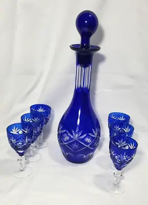 Buy Vintage Bohemian Glass Decanter Set With 6 Glasses Cobalt Blue Cut To Clear • 115.29£
