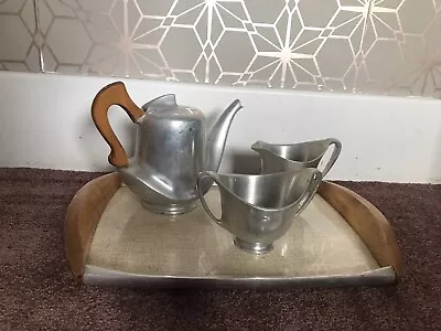 Buy Picquot Ware X4 Piece Tea Pot Set Including Tray Silver Wood Vintage 1950s • 25£