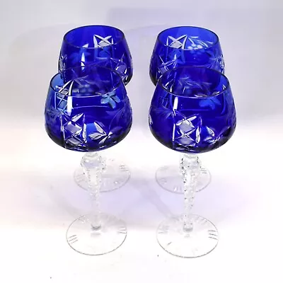 Buy Cut Crystal Bohemian Stemware Grapes Wine Glass Cobalt Blue / Clear Set Of 4 • 180.03£