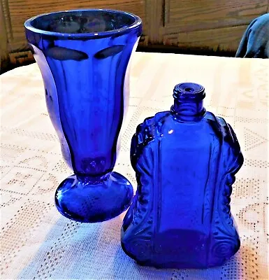 Buy Vintage Decorative Blue Glass 7.5  Vase & 5.75  Bottle - Items Display Well • 23.65£