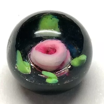 Buy 9/16  Pretty Antique Black Glass Paperweight Button W Pink Flower Bud & Leaves • 3.72£