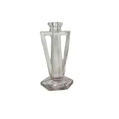 Buy Vintage Art Deco Double Handle Clear Glass Pillar Candlestick Candle Holder • 24.99£