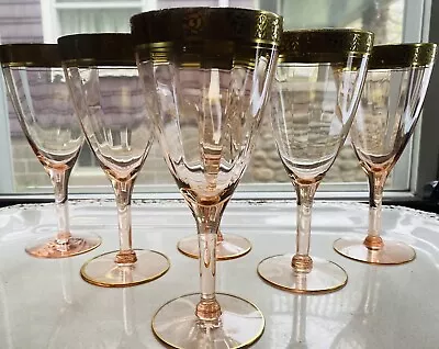Buy 1930's Art Deco Pink Gold Encrusted Water Goblet Tiffin Rambler Rose Glass-8 • 94.86£
