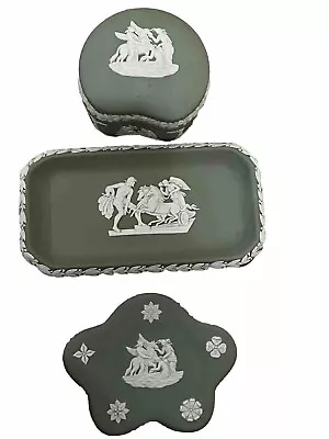 Buy Wedgewood Jasperware Sage Green And White  Two Trinket Boxes  And One Pin Tray • 15£
