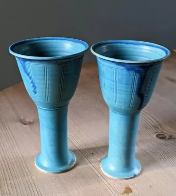 Buy 2x Studio Art Pottery Goblets Blue Turquoise Drip Glaze Earthenware Ceramic 90s • 14£