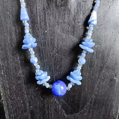Buy Vintage Art Deco Necklace Blue Marbled Swirl Frilly Satin Art Glass Czech Beads  • 24£