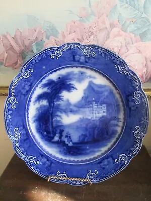 Buy Antique England Pottery Dark Flow Blue Round Serving Platter Tray Scene 12 3/4  • 212.62£