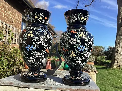 Buy Two Victorian Black Glass Enamelled Vases • 18£