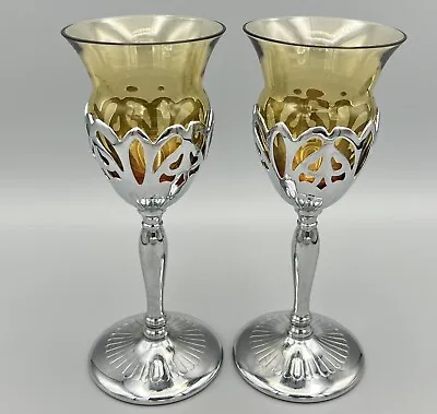 Buy 2 Farber Bros Chrome And Amber Cambridge Glass  1930’s Vintage Cordial Glasses • 19.17£