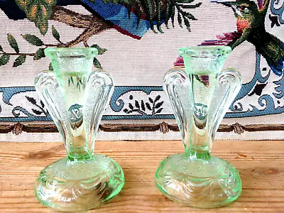 Buy PAIR OF VINTAGE ART DECO PERIOD GREEN PRESSED GLASS CANDLESTICKS (5.25 Inches) • 7.50£
