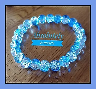 Buy Blue And White Crackled Glass Festival Beaded Stretch Elastic Bracelet • 3.20£