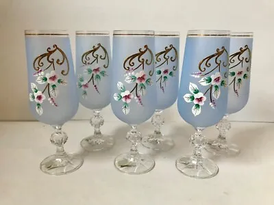 Buy VTG 6 Wine Glasses Art Crystal Floral Czech Republic Satin Frosted Blue Goblets • 110.83£