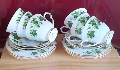 Buy Queen Anne Green Leaf / Vine China Trios Of 6 Teacups, 5 Saucers & 6 Side Plates • 25£