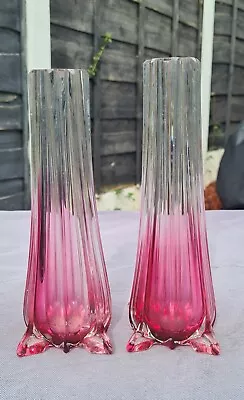 Buy Vintage Pair Cranberry Glass Vases Ribbed Textured Bud Vases • 15£