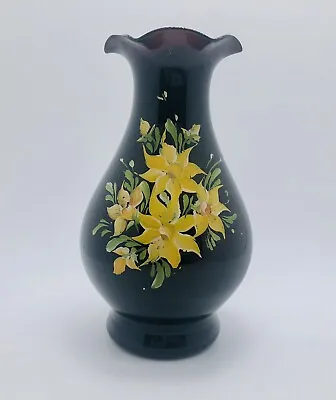 Buy Vintage Hand Painted Black Amethyst Glass Vase Ruffled Edge Yellow Flowers • 8.64£