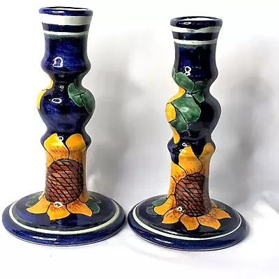 Buy Vtg Mexican Talavera Hand-Painted 7.5  Candlestick Holders Sunflowers On Cobalt • 44.18£
