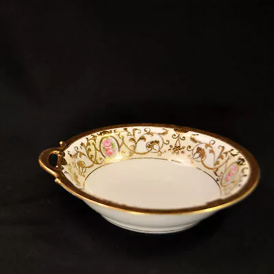 Buy Nippon Bowl Hand Painted One Handle 7 5/16  Pink Roses W/Raised Gold 1911-1918 • 51.85£