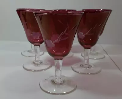 Buy Stemware Cranberry Cut To Clear 6PC Set 1960s-70s 5  X 3  Sherry /Wine Glasses • 23.98£