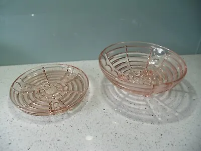 Buy Vintage Pink Depression Glass Tri Legged Fruit Bowl With Drain Hole & Underplate • 15£