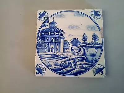 Buy Antique Delft Blue Tile With River Scene Carnation Motif Corners • 19.99£
