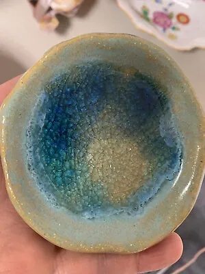 Buy Crackle Glass Infused Art Studio Pottery Trinket  Dish Ashtray Blue Green 3.” • 7.59£