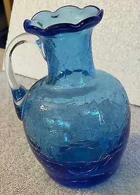 Buy Vintage CRACKLE Glass Pitcher Vase 4” Hand Blown Cobalt Blue Ruffled Edge • 9.48£