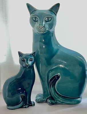 Buy Pair Of Vintage Poole Pottery Siamese Cats Blue Glaze • 20£