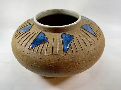 Buy Vintage Art Pottery Stoneware Squat Vase Pot With Cobalt Blue Enamel • 85.26£