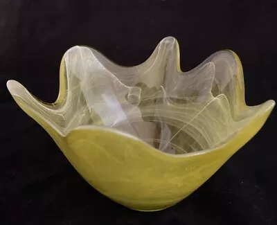 Buy Art Glass Bowl Yellow Hand Blown 6.5” With White Swirls Bright & Transparent • 28.46£