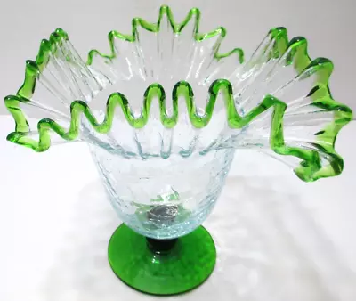 Buy Vintage Blenko Glass Vase # 487 Handcrafted Crimp Top Crackle Green 8 1/4  T • 91.68£
